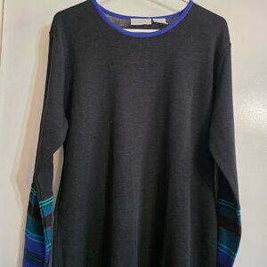 Liz Claiborne Black Knit Maxi Dress Blue Green Stripe Sleeves Size L